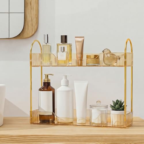 Bathroom Countertop Organizer, 2-Tier Slim Vanity Storage Rack for Bathroom Sink, Narrow Counter Organizer for Toiletries Skincare Perfume with Gold Plastic Trays, Gold - color: Gold
