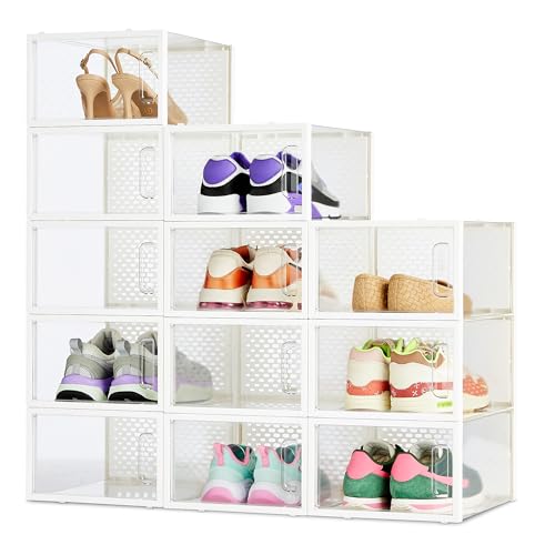 Amazon Basics Stackable and Foldable Clear Shoe Storage Organizer Box, Medium, 12-Pack - size: Medium
