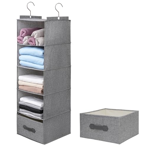 Large Hanging Sweater Organizer for Closet,Collapsible 6-Shelf Hanging Closet Shelves with Drawers, Washable (Grey-5 Shelf-1 d) - color: Dark Gray, size: 5 Shelf with 1 drawers