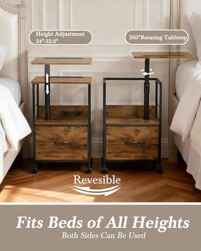 Faesun Swivel Lift Top Nightstand, Rolling Side Table for Recliner, Bedside Table with Wheels & a Fabric Drawer, for Small Spaces, for Bedroom, Living Room, Brown - color: Brown, size: 1 Drawer (No Charger)