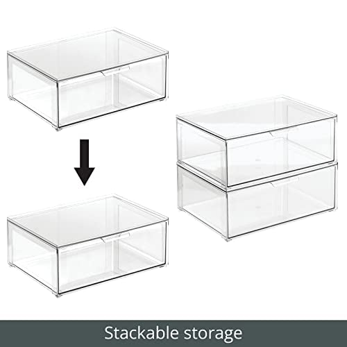 mDesign Plastic Stackable Bathroom Storage Organizer Bin Containers with Front Pull Drawer for Bathroom Countertop, Vanity, Closet Shelves - Holder for Beauty Accessories - Lumiere Collection - Clear - size: 16 x 12 x 6 (Pack of 1)