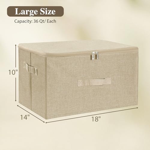 ANMINY Storage Bins with Zipper Lids 36 Qt Lidded Fabric Storage Boxes Baskets Cubes with Handles Collapsible Washable Cotton Linen Closet Shelf Clothes Organizer Containers - Beige, Large - color: Beige, size: Large (Pack of 1)