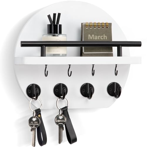 Nekon Key Holder for Wall - 9.8 Inch Apartment Wall Decor with Shelf and 8 Key Hooks, Circular Wood Key Hanger for Home Decor (White) - color: White