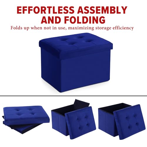 LINMAGCO Small Velvet Ottoman with Storage Rectangle Foot Rest Under Desk Stool for Room Folding Ottoman Furniture with Button turfted-Navy 16X12X12IN - color: Navy(velvet), size: 16"X12"X12"