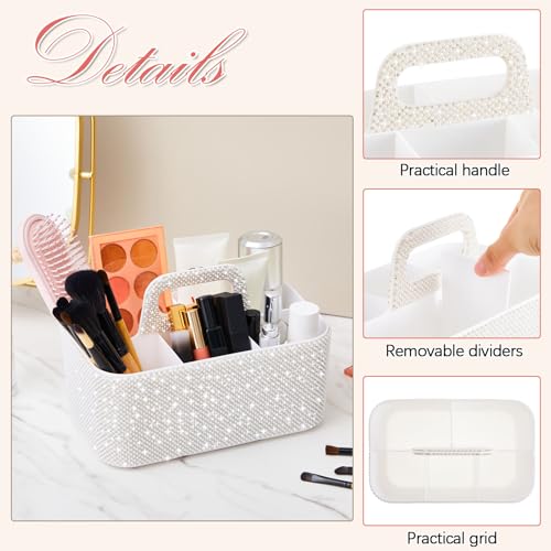 Marspark Bling Makeup Caddy Organizer with Handle, Sparkly Art Craft Holder, Glitter Bathroom Hair Caddy, Shimmer Pen Pencil Holder for Women Desk Organizer, Bling Gifts for Women(White,Pearl Diamond) - color: White, style: Pearl Diamond