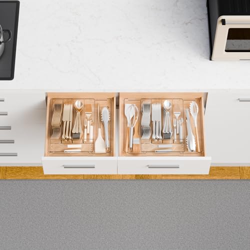 Yieach Clear Expandable Silverware Drawer Organizer,9.4-15.6In Adjustable Silverware Tray for Drawer,Acrylic Kitchen Utensil Drawer Organizer for Cutlery,Flatware Organizers and Fork and Spoon Holder - size: M - 9.4 to 15.6
