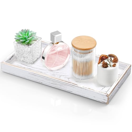 ALELION 13" White Bathroom Vanity Tray for Counter - Wood Decorative Tray for Toilet Tank Makeup Perfume Jewelry Catchall Table - Wooden Kitchen Countertop Organizer for Soap Dispenser - color: Whitewashed, size: 6.5" x 1.2" x 13"