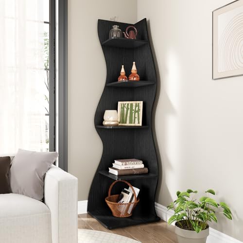 LITTLE TREE Small Corner Shelf, Modern 5-Tier Wall Corner Bookshelf, Stylish Bookcase Storage Rack for Small Space, Living Room, Bedroom, Black, 2 Pack - color: Black, size: 2 Pack