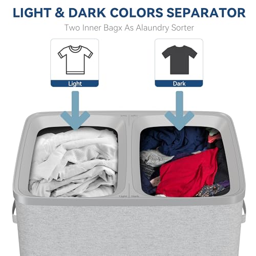 Dual Section 90 liter/23.8 gallon Laundry Hamper Separation Basket with lid, 2 Removable Washing Bags with Handles,Large Laundry Sorter for Easy Clothes Separation - Gray - size: 2 Section,Gray
