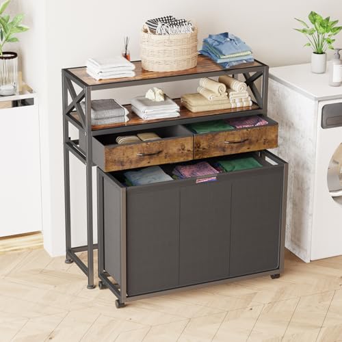 Laundry Hamper 3 Section, 150L Rolling Laundry Sorter Basket with 2 Shelves and 2 Drawers, 3 Compartment Clothes Organizer Cart with Wheels, Pull-Out Bags for Laundry Room, Bathroom, Bedroom - color: Brown, size: 150L