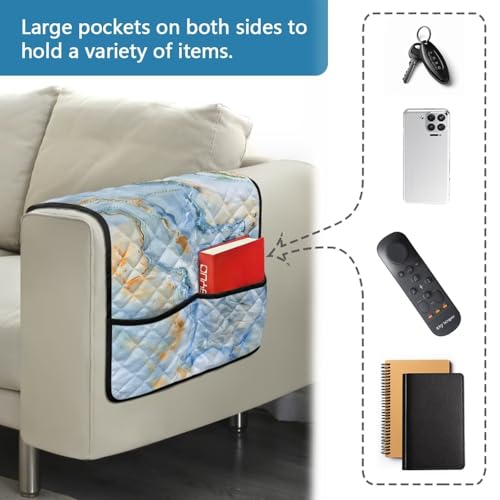 Blue Gold Marble Print Couch Arm Covers with 2 Side Storage Pockets, Anti-Slip Armrest Cover for Sofa, Chair, Loveseat, Recliner Arm Covers - color: Blue Gold Marble