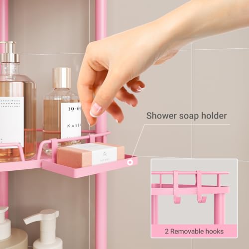 ELYKEN Corner Shower Caddy Standing, 4 Tier Rustproof Metal Shower Organizer with Soap Holder, Floor Shower Corner Shelf Rack Storage Stands with Adjustable Feet & 2 Hooks for Bathroom, Pink - color: Pink, size: 4 Tier