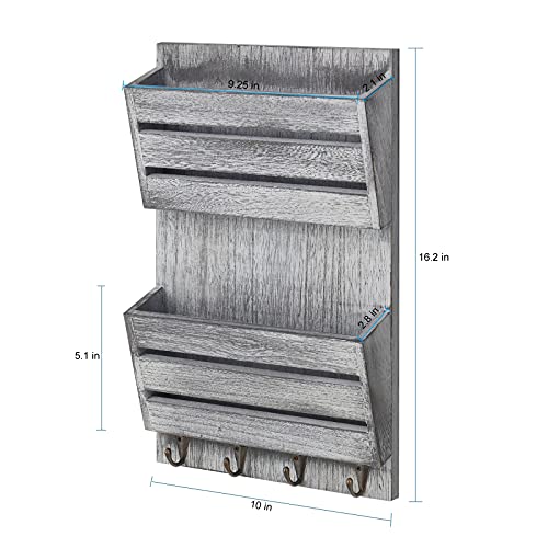 BTY Mail Sorter Wall Mounted, Wooden Mail Holder with 4 Key Hooks, 2 Slot Letter Bills Newspaper Magazine Organizer for Entryroom Hallway Office Garage, Gray White - color: Gray White