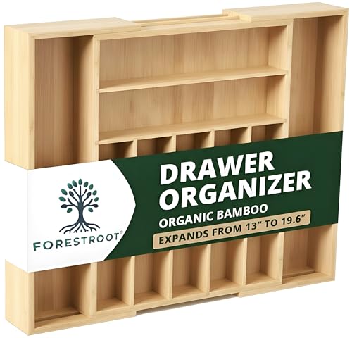 Bamboo Drawer Organizer – Expandable 9 Slot Silverware & Utensil Tray for Kitchen, Office & Kitchen –Fits 13”–19.6” Drawers, Natural Bamboo Wood, Deep Compartments - Durable & Eco-Friendly - size: 9 Slot
