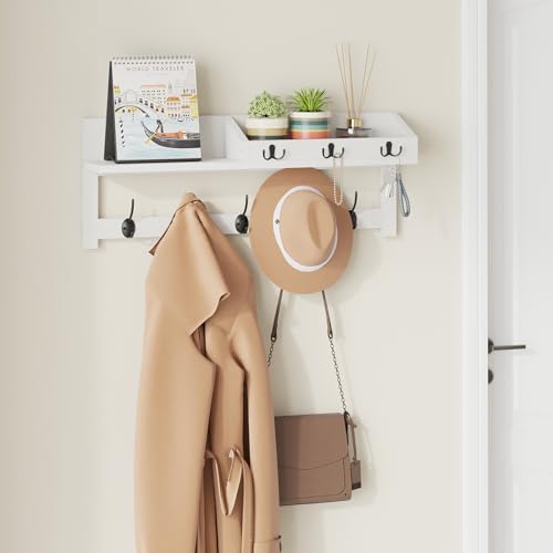 AMBIRD Wall Hooks with Shelf, 26.57 Inch Entryway Wood Coat Hooks for Wall, Coat Rack Wall Mount with 5 Dual Hooks 3 Key Hooks Mail Organizer and Key Rack Holder (White) - color: White, size: 26.57" L