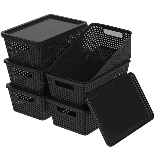 Plastic Storage Baskets With Lid, Storage Bins for Organizing, Stackable Decorative Containers for Shelves Drawers Desktop Closet Playroom Classroom Office, 6 Pack-Black - color: Black, size: 6 Pack