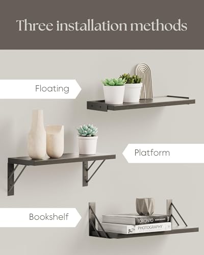 BAYKA Wall Mounted Floating Shelves, Wood Floating Wall Shelf for Books & Decor, Small Space-Saving Display & Organizer（Black，Set of 3） (Pack of 2) - color: A. Black Board & Black Brackets, size: 16-inch Mixed (Pack of 2)