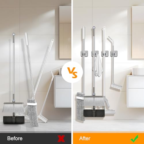 4 Pack Stainless Steel Mop and Broom Holder Wall Mount with Hook, Screw Drilling Mop and Broom Hanger, Single Heavy Duty Storage Rack for Laundry Garage Closet Garden Tool Organizer, Silver - color: C-Sliver, size: 4PCS Gripper