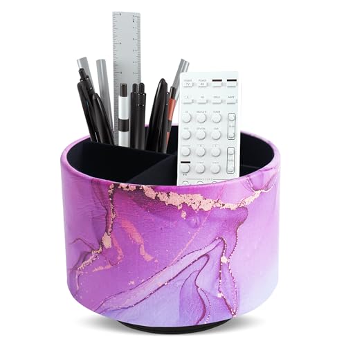 Round Leather Art Supply Organizer,Remote Control Holder,360-degree Rotating Pen Organizer with 4 Compartments(1-Purple Blue Splash Ink) - color: 1-Purple Blue Splash Ink
