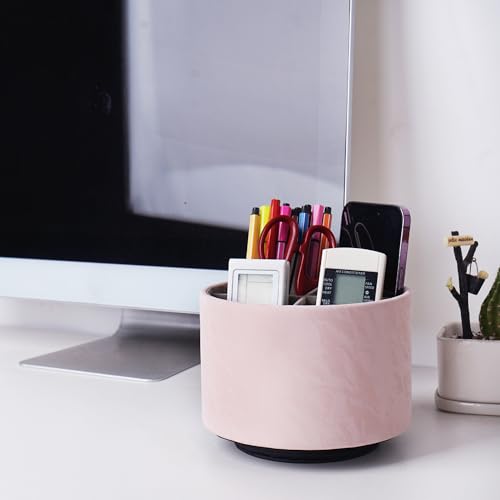 Hennaja Round Leather Art Supply Organizer,Remote Control Holder,360 Degree Spinning,Multi-Functional Pencil Holder,4 Compartments Desktop Stationary Organizer(1-Hill Pink) - color: 1-Hill Pink