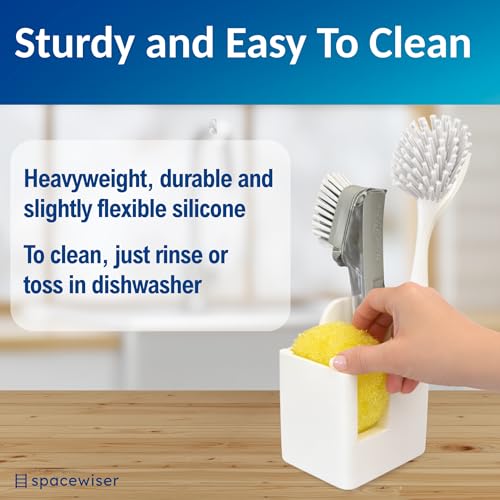 Spacewiser TidyNook Silicone Sink Caddy - Sponge Holder for Kitchen Sink, Dish Brush Holder, Fits Scrub Daddy Sponges, Scrub Mommy, and all Dish Sponges, Compact Kitchen Sinks Organizer Caddy, No Rust - color: White