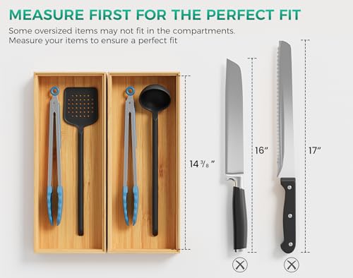 Bamboo Kitchen Drawer Organizer Set of 2, Stackable 15" x 6" Wood Silverware Utensil Tray for Drawers Bins, Cutlery & Flatware Storage – Wooden Boxes Organizers for Junk Drawer, Bathroom, RV - size: 15" x 6" x 2"