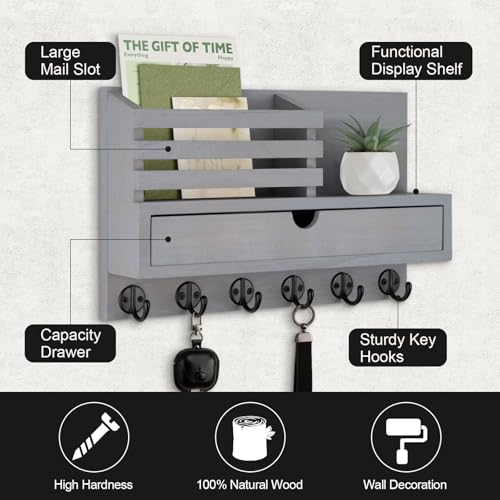 Key Holder Wall Mount, Mail Holder with Storage Drawer and 6 Key Hooks for Coat, Dog Leash, Home Decor Rack, House Accessories, Entry Way Organizer - color: Gray, size: Large - 13.8 Inch