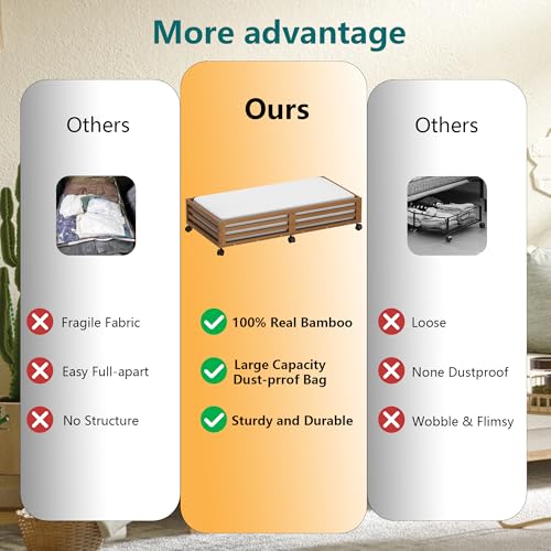 Wisuce Bamboo Under Bed Storage Containers- Underbed Organizer with Wheels with Dust Bag,Sturdy Wood Rolling Under the Bed Shoe Storage Organizer Drawers (Brwon, 2 Pack (33.07"×16.54")) - color: Brwon, size: 2 Pack (33.07"×16.54")