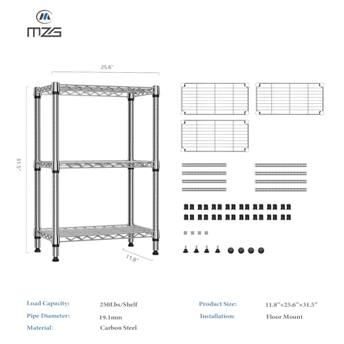 M MZG 750 lbs 3 Tier Shelf Metal Storage Shelves Wire Rack Closet Organizers for Garage Kitchen Bathroom Laundry Chrome 11.8" D x 25.6" W x 31.5" H - color: Chrome, size: 3 tier, 11.8" D x 25.6" W x 31.5" H
