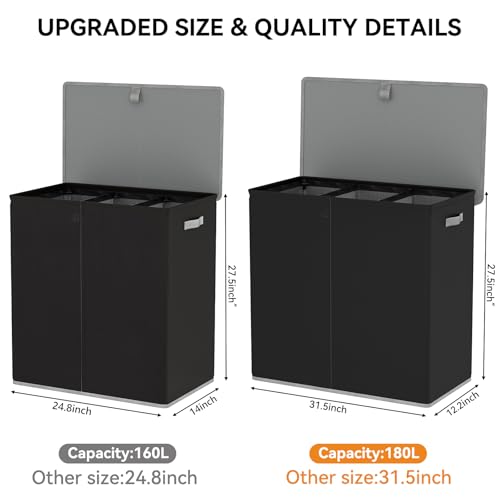 WOWLIVE Laundry Hamper with Lid,180L Large Laundry Basket 3 Section with Removable Washing Bags,Collapsible Waterproof Dirty Clothes Hamper for Laundry Room Bathroom Dorm,Black - color: Black, size: 180L (31.5x 12.2 x 27.5 Inches)