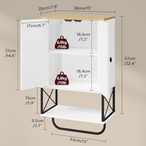 MAHANCRIS Bathroom Wall Cabinet with 2 Door and Adjustable Shelf, Medicine Cabinet with Towel Rack, 3-Tier Wall Mounted Storage Cabinet Over The Toilet for Bathroom Laundry Room, White and Natural - color: White and Natural, size: 15"L x 7.9"W x 26.1"H