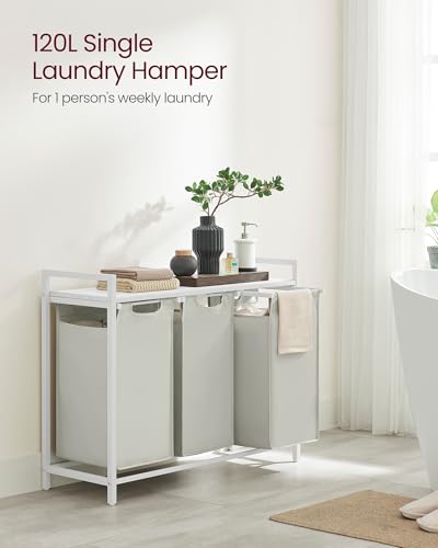 VASAGLE Laundry Hamper, Laundry Basket, Laundry Sorter with 3 Pull-Out and Removable Bags, Shelf, Metal Frame, 3 x 10.6 Gallons (40 L), 36.4 x 13 x 28.4 Inches, Cream White and Cloud White UBLH301W01 - color: Cream White + Cloud White, size: 3 Bags - 120