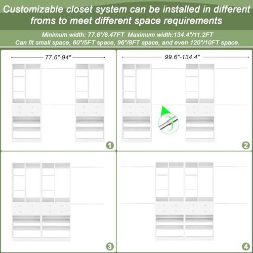 Besiost Closet System, Up to 134"/11.2 FT Closet Organizer with 4 Wooden Drawers and Shelves, Walk-in Closet System with 6 Hanging Rods, Built-in Closet Can Fit 96"/8FT, 120"/10FT, White - color: White, size: Style A: 77.6"—134"(W)