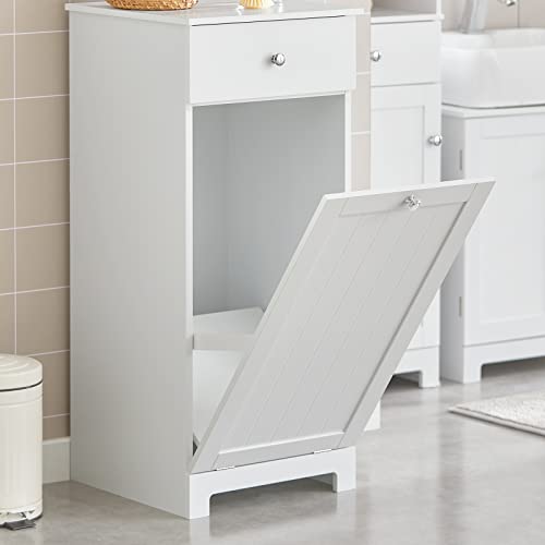 SoBuy Slim Tilt-Out Laundry Hamper Cabinet, Smal Pull-Out Bathroom Storage Unit with Shelf&Drawer, Narrow Hidden Basket Chest Bath Cupboard, White BZR21-W