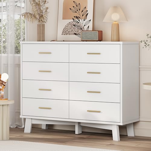 Xixini Dresser for Bedroom, 8 Drawer Wide Modern Chest of Drawers with X-Shaped Sturdy Base, Wood Double Dresser Closet Clothes Storage Organizer, Wooden TV Stand for Living Room, Hallway, White - color: White, size: 15.6"D x 47.2"W x 37.2"H (8 Drawers)