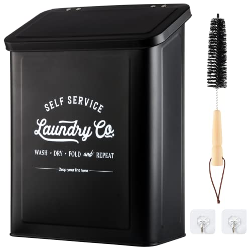 MONJITA Magnetic Lint Bin for Laundry Room, Wall Mounted Lint Trash Can with Lid for Dryer, Laundry Room Organization and Storage with Brush(Black) - color: Black