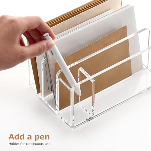 SANRUI Acrylic Mail Organizer, 3 Compartments Clear File Holder for Desk, Letter Sorter with Pen Holder, Countertop Document Sorter for Notebooks, Bills & Eyeshadow Palettes - style: 3 Sections with Pen Holder