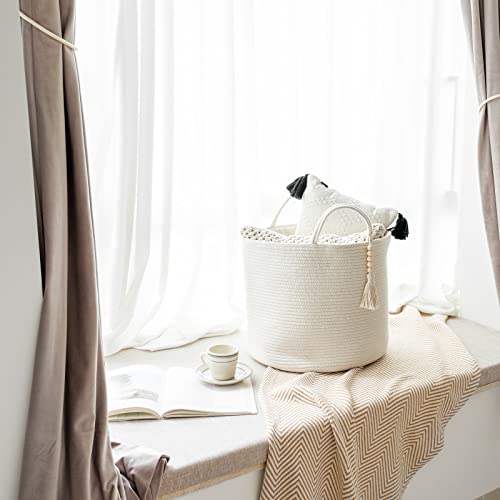 Mkono Woven Storage Basket Decorative Natural Rope Basket Wooden Bead Decoration for Blankets,Toys,Clothes,Shoes,Plant Organizer Bin with Handles Living Room Home Decor, White, 16" W × 13.8"L - color: White, size: 16" W × 13.8"L