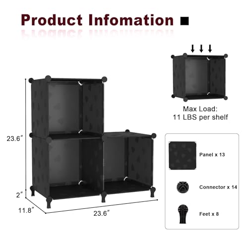 UNKU Cube Storage Organizer, 3 Cube Closet Organizer Storage Shelves, DIY Stackable Bookcase, Clothes Organizer Shelf for Closet, Bedroom, Living Room, Cabinet, Home, Office, Black - color: Black, size: 3cube