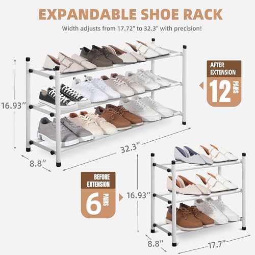 STORAGE MANIAC Expandable Shoe Rack, 12 Pairs Stackable Small Shoe Rack, Metal Adjustable Shoes Organizer for Closet, Entryway, Hallway, Garage, Front Door, Shoes Shelves, White 3 Tier - color: White, size: 3 Tier