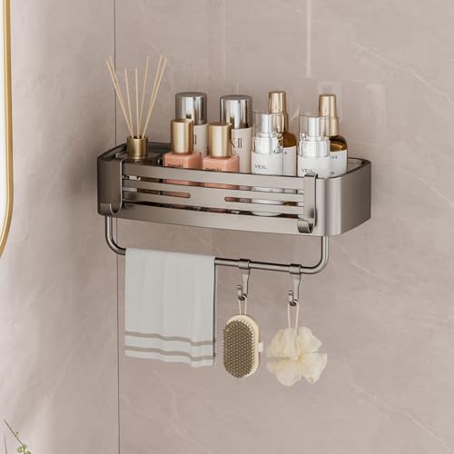 Shower Caddy Suction Cup, No Drilling Rustproof Bathroom Shower Shelf,Hanging Corner Shower Shelves with 6 Portable Hooks, Removable Bath Organizer with Towel Bar for Bathroom Storage - size: Right-angle bathroom storage rack