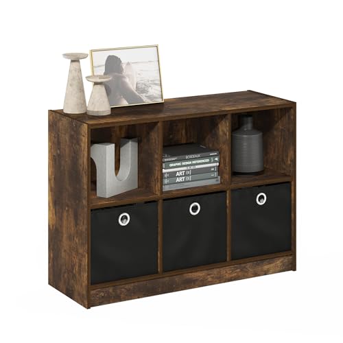 Furinno Basic Book Shelf, 6-Cube Bookshelf with Open Shelf, 3 x 2 Bookcase with Storage Bins, Closed Back, Horizontal, 11.9 x 31.6 x 23.6, for Living Room, Bedroom, Home Office, Amber Pine - color: Amber Pine/Black, size: 6-Cube with Bin
