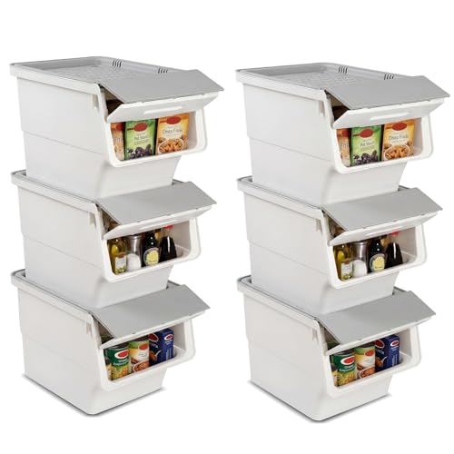 Giantex Plastic Stackable Storage Bins with Lids & Wheels, 6 Pack Open Front Stacking Bins, Organizer Bins for Pantry, Kitchen, Laundry, Closet, Playroom, Bedroom Organization （12.5 QT） - color: White + Gray, size: 6 Pack, 12.5 QT