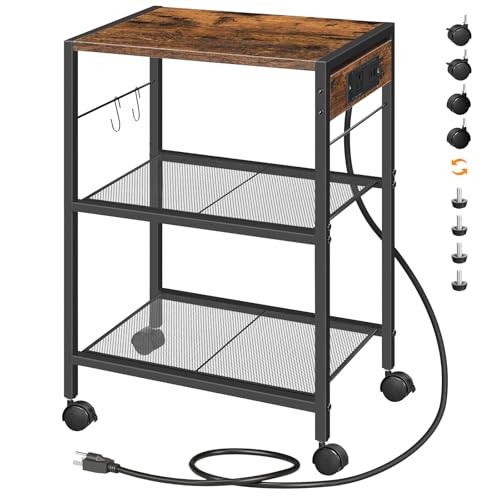 HOOBRO Industrial Printer Stand, 3-Tier Mobile Printer Table, Rolling Cart with Power Outlets and USB Ports, Home Printer Stand with 2 Hooks, for Office, Living Room, Rustic Brown BF22UPS01 - color: Rustic Brown + Black