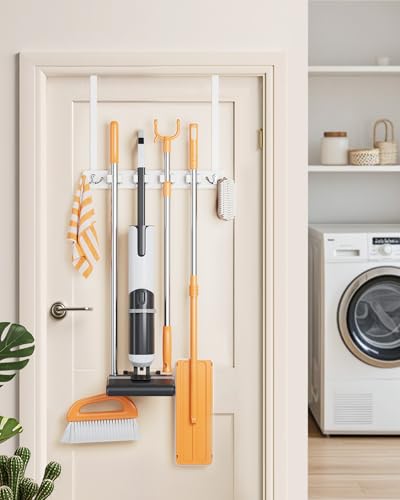 Mop and Broom Holder Wall Mount, No Drill Over the Door Broom and Mop Holder with 4 Slots and 4 Hooks, Wood Tool Hanger for Laundry, Cabinet, Kitchen, Garage - color: White