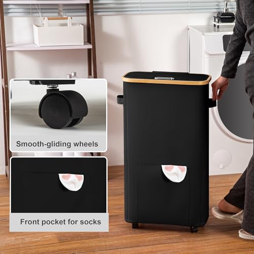 Vincona Laundry Basket with Wheels, Tall Dirty Clothes Hamper on Wheels, Rolling Laundry Hamper with lid for Dorm, Bedroom and Bathroom - color: Black, size: 65L