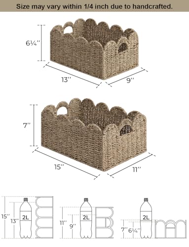 StorageWorks Scalloped Wicker Basket, Woven Baskets for Storage, Rattan Baskets with Handles, Paper Rope Basket for Organizing and Decor, 2 Pack - color: Natural(Seagrass), size: 15" L x 11" W x 7" H