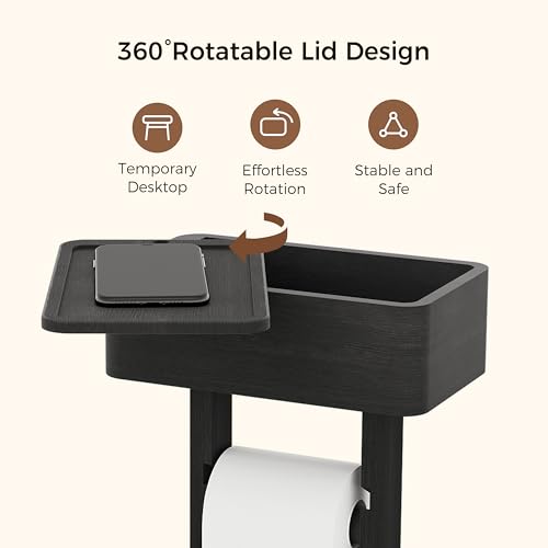 Wealone 4-in-1 Black Toilet Paper Holder Stand with Storage Shelf Box, 360° Rotating Bamboo Free Standing Toilet Tissue Roll, Toilet Wipes Dispenser Organizer, Temporary Desktop for Bathroom (Patent) - color: Black