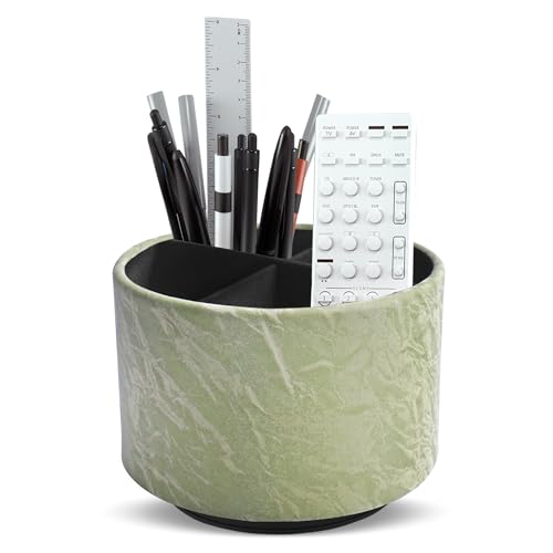Hennaja Round Leather Art Supply Organizer,Remote Control Holder,360 Degree Spinning,Multi-Functional Pencil Holder,4 Compartments Desktop Stationary Organizer(1-Hill Green) - color: 1-Hill Green