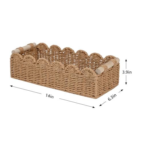 CubesLand Paper Rope Scalloped Edge Toilet Paper Storage Basket, Small Living Room, Bedroom Decor Baskets for Over Toilet Storage Shelf, End Table, Shelves and More, with 2 Wooden Handle, Neutral - color: Neutral, size: M - 14"L x 6.3"W x 3.9"H